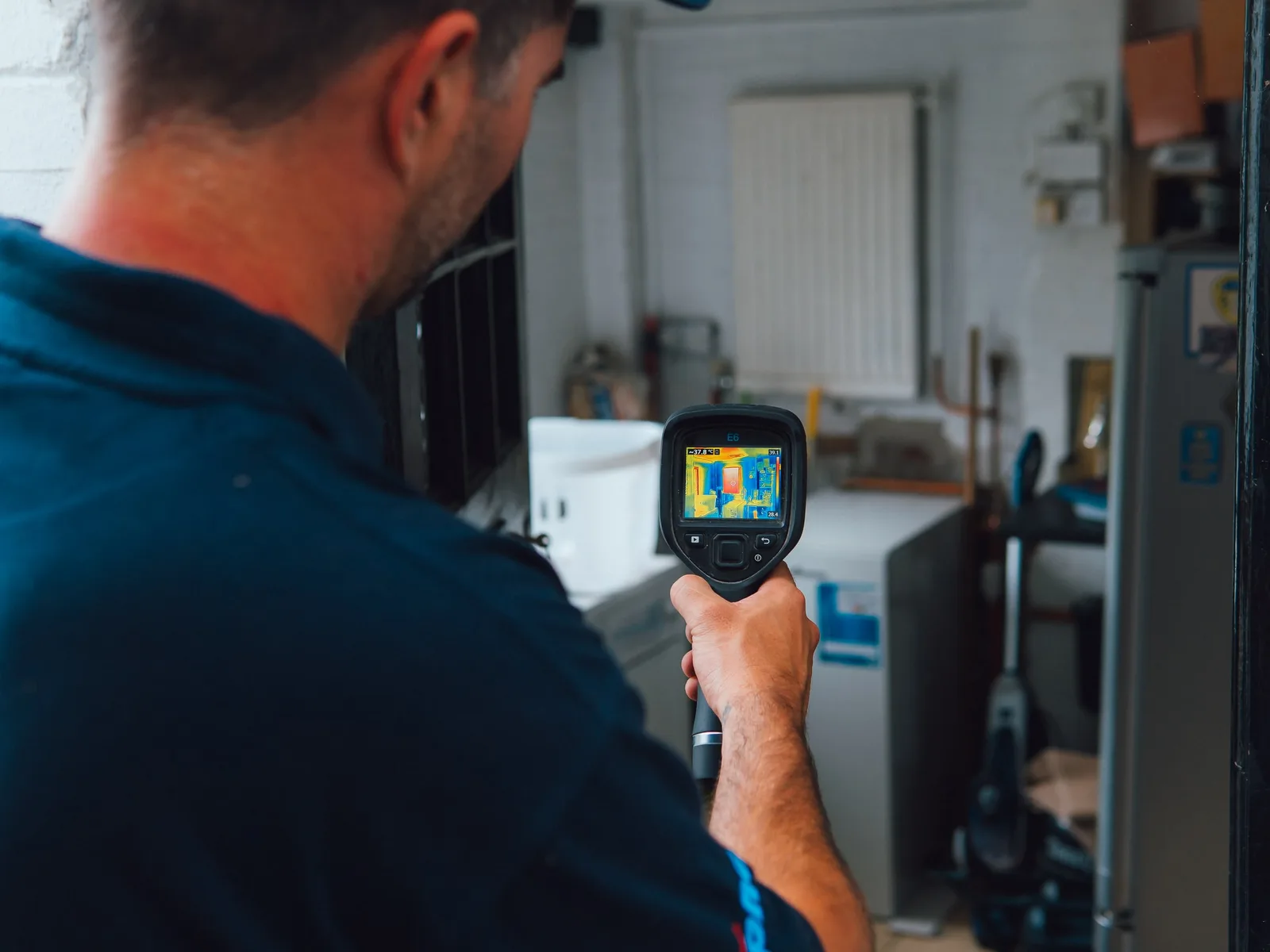 ADI engineer pointing a thermal imaging camera across a utility room with a radiator on the wall, the screen showing the heat pattern