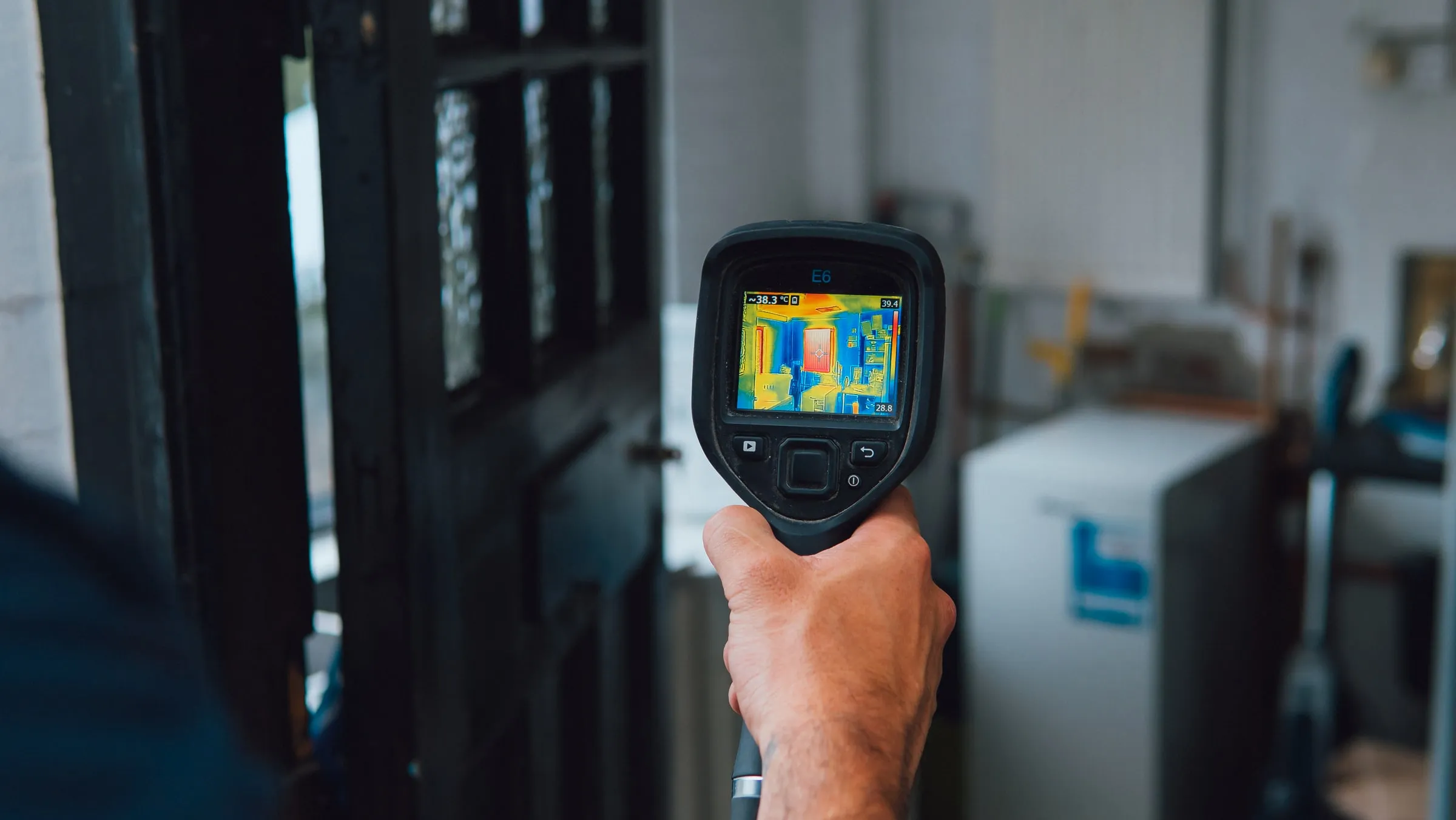 Hand holding a thermal camera, the screen showing the heat pattern of pipework in a utility room