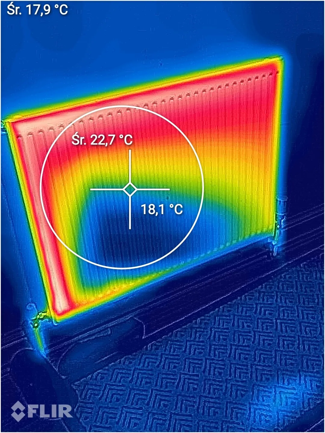 Thermal image of a radiator, hot along the top and sides with a cold blue patch across the middle, spot readings of 22.7 and 18.1 degrees